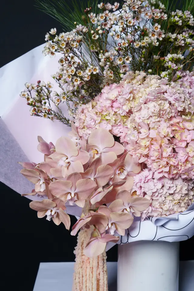 A luxurious and abundant floral bouquet is prominently displayed, featuring a harmonious blend of light pink Phalaenopsis orchids, soft pink hydrangeas, and delicate white waxflowers. The arrangement is artfully wrapped in white and patterned paper, with a unique textured peach-colored element cascading downwards. It is presented in a studio setting against a dark background with a white surface and a partial white cylindrical vase visible.